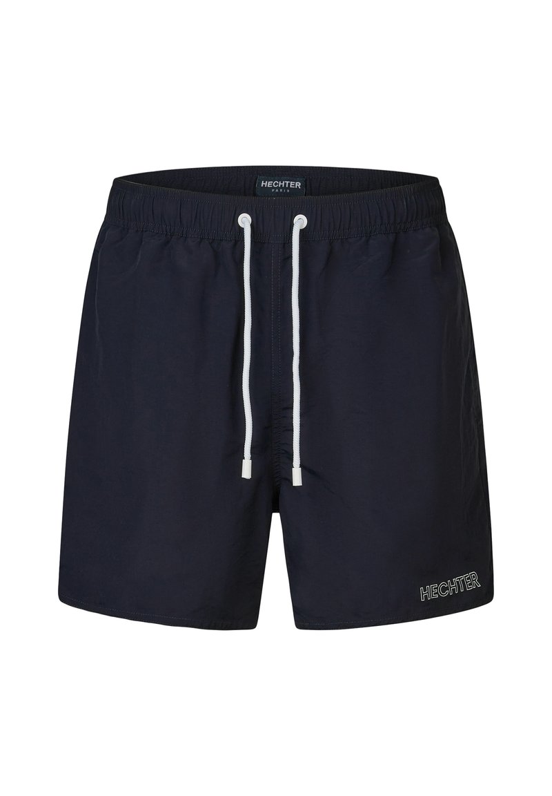Marine zwembroek gemaakt van lichtgewicht materiaal, met een elastische tailleband en witte trekkoorden, en een klein logo-detail.