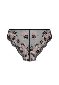 Zwarte kanten lingerie met roze bloemenborduursels, met scalloped randen en een doorzichtig gaasontwerp. Voor- en achteraanzicht toont het gedetailleerde patroon.