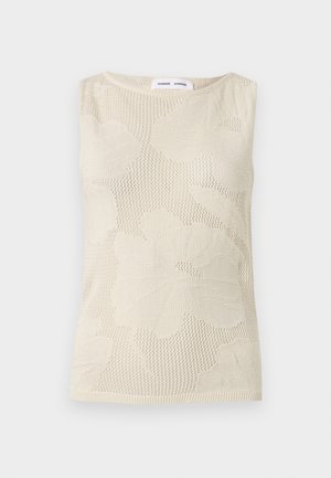 Haut sans manches beige en maille avec motif floral texturé et col rond, étiqueté Samsøe Samsøe au niveau du col.