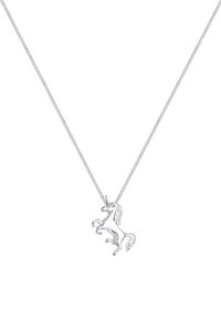 Zilveren eenhoornhanger met een gepolijste afwerking, met een ontwerp van een springende eenhoorn. Ketting is eenvoudig en delicaat.