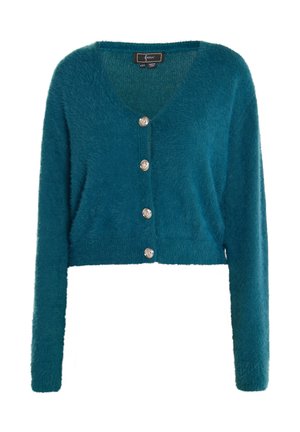 Türkiz színű, rövidített kardigán, puha, bolyhos anyagból. V-alakú nyakkivágás négy ezüst gombbal és hosszú ujjakkal.