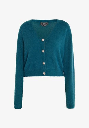 Türkiser, kurzer Cardigan aus weichem, flauschigem Material. V-Ausschnitt-Design mit vier silbernen Knöpfen und langen Ärmeln.