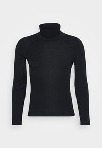 Sort langærmet turtleneck-top med en tætsiddende pasform, sømløse skuldre og strukturerede stofdetaljer langs siderne.