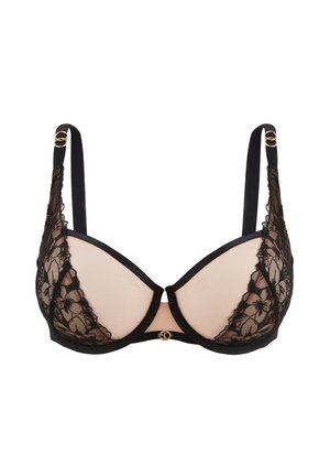Soutien-gorge en dentelle noire avec des bonnets en maille nude, présentant un design lisse, des bords en dentelle décorative et des accents en métal doré sur les bretelles.