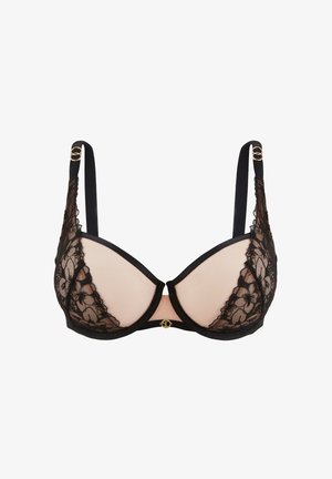Schwarzer Spitzen-BH mit Nude-Mesh-Cups, der ein glattes Design, dekorativen Spitzenbesatz und goldene Hardware-Akzente an den Trägern aufweist.