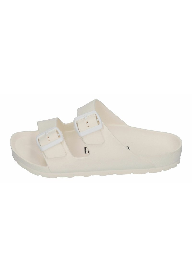 White slip-on sandals made of durable material, featuring two adjustable buckles, a flat sole, and a minimalist design.
