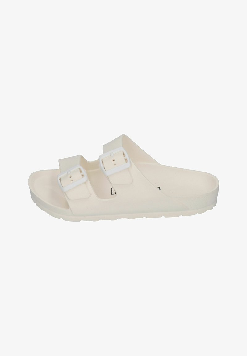 White slip-on sandals made of durable material, featuring two adjustable buckles, a flat sole, and a minimalist design.