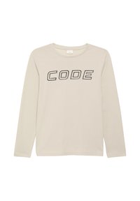 Beige Langarm-T-Shirt aus Baumwolle mit Rundhalsausschnitt, auf dem die schwarze Aufschrift "CODE" in fetter Schrift über die Brust gedruckt ist.