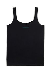 Sort tanktop med tynde stropper, rund halsudskæring og et turkist "FREDDY" logo i midten. Fremstillet af glat, let materiale.