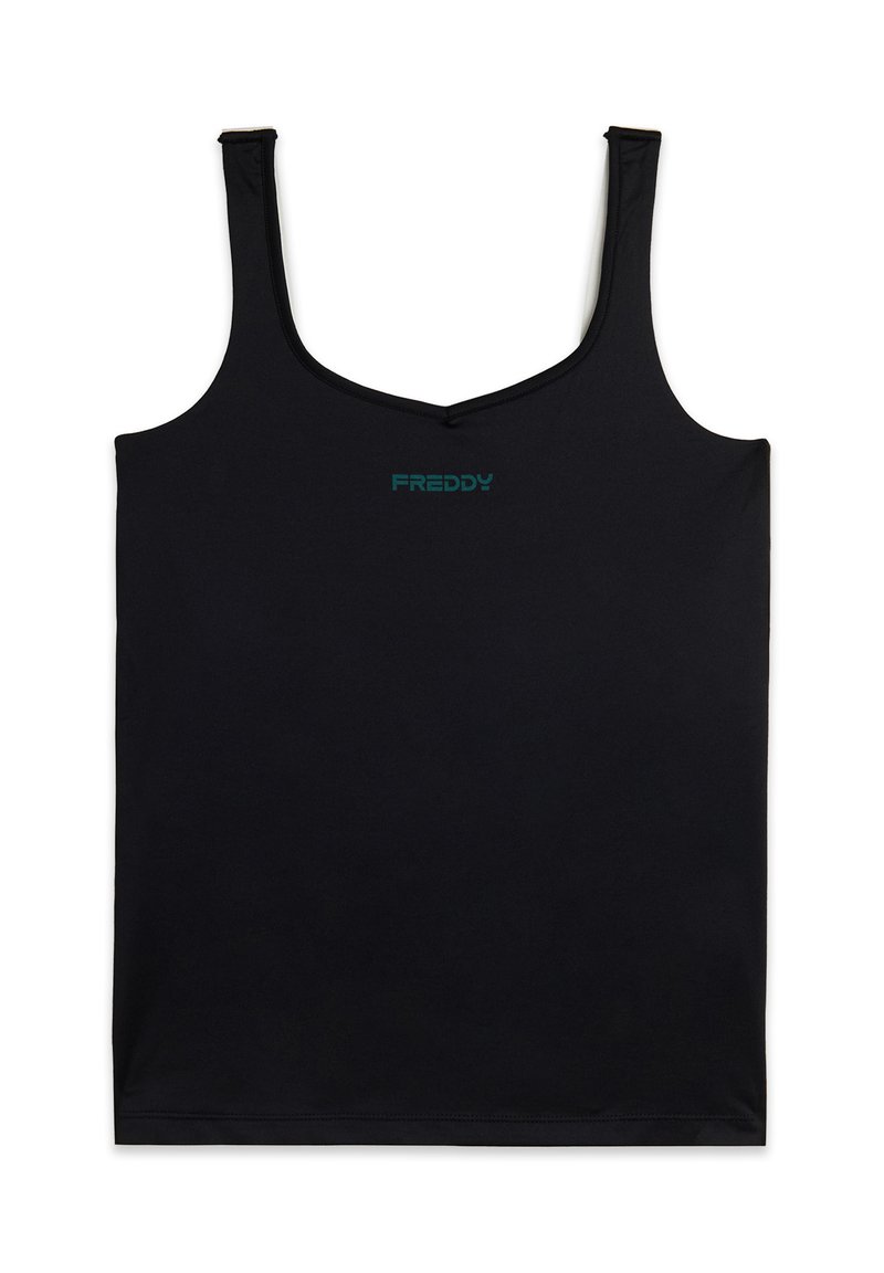 Sort tanktop med tynde stropper, rund halsudskæring og et turkist "FREDDY" logo i midten. Fremstillet af glat, let materiale.