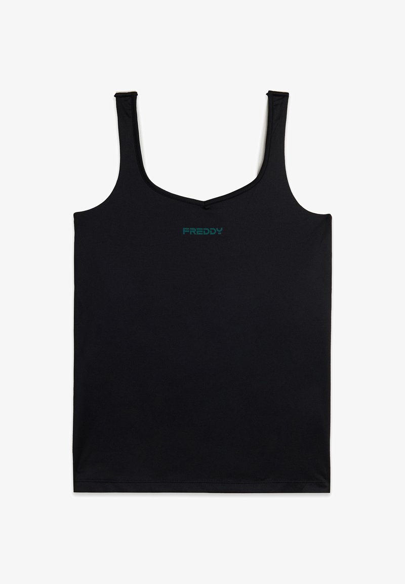 Sort tanktop med tynde stropper, rund halsudskæring og et turkist "FREDDY" logo i midten. Fremstillet af glat, let materiale.
