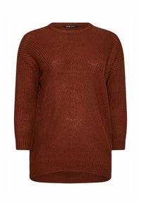 Stickad tröja i rostfärg, med rund hals, långa ärmar och en lös passform med en texturerad yta och ribbade detaljer.