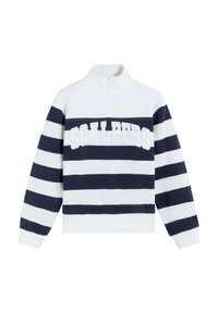 Jersey de rayas blancas y azul marino con cuello alto y cierre de media cremallera. Logo "SCALPERS" destacado en blanco en el pecho.