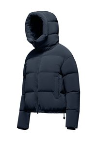 Giacca imbottita con cappuccio di colore blu navy, dotata di cerniera frontale, due tasche laterali e orlo e polsini con cordino elastico, mostrata su sfondo bianco.