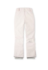 Pantalon de neige beige clair avec passants pour ceinture, jambes légèrement évasées, guêtres intérieures et un petit logo incurvé sur la cuisse droite.
