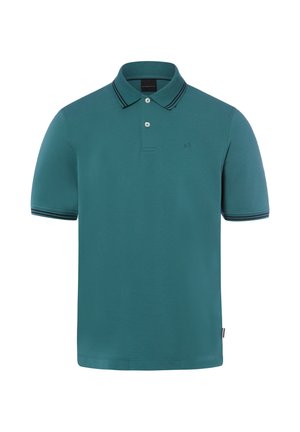 Türkisfarbenes Poloshirt mit kurzen Ärmeln, zwei weißen Knöpfen, schwarz gestreiftem Kragen und Ärmelsäumen sowie subtil besticktem Logo auf der Brust.