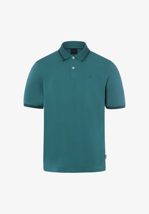 Türkisfarbenes Poloshirt mit kurzen Ärmeln, zwei weißen Knöpfen, schwarz gestreiftem Kragen und Ärmelsäumen sowie subtil besticktem Logo auf der Brust.