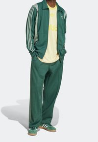 Green tracksuit with grey accents, featuring three white stripes down the arms and legs. Light yellow shirt underneath, paired with green sneakers.