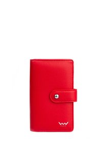 Red leather wallet with a smooth texture, rectangular shape, snap closure, and embossed branding on the front bottom right corner.