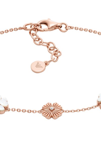 Rose gold armbånd med blomsterdesigns, teksturerede detaljer og en central sten. Inkluderer en toggle-lås og en justerbar kædelink.