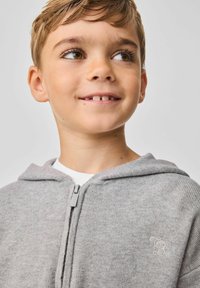Sivá mikina na zips s kapucňou, s rebrovanou textúrou a predným zipsom. Obsahuje malé vyšívané logo na hrudi. Mäkko spracovaný materiál.