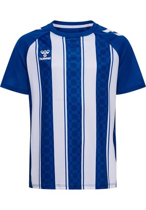 Blå og hvide lodrette stribede sportstrøje med korte ærmer og Hummel-logo på den øverste venstre bryst.