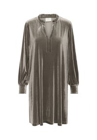 Langärmliges taubenfarbenes Samtkleid mit gerafftem Kragen, V-Ausschnittschlitz und gerafften Manschetten, knielang, lockere Passform.