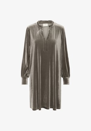 Hosszú ujjú taupe bársonyruha fodros gallérral, V-nyakú részel, összehúzott mandzsettákkal, térd hosszúságú, laza fazonú.