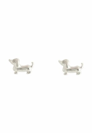 Silver-tone stud earrings shaped like small dachshund dogs facing opposite directions on a white background.