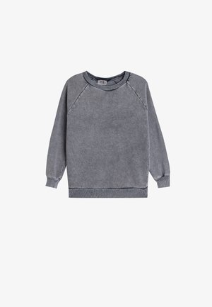 Grå sweatshirt med lange raglanærmer, rund hals og ribbede manchetter og kant. Blød tekstur med et enkelt, ensfarvet design.