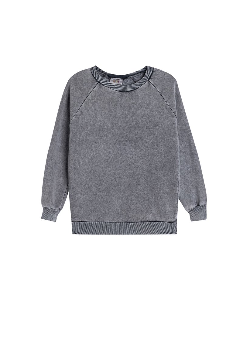 Grå sweatshirt med långa raglanärmar, rund hals och ribbade mudd och nederkant. Mjuk textur med en enkel, enfärgad design.
