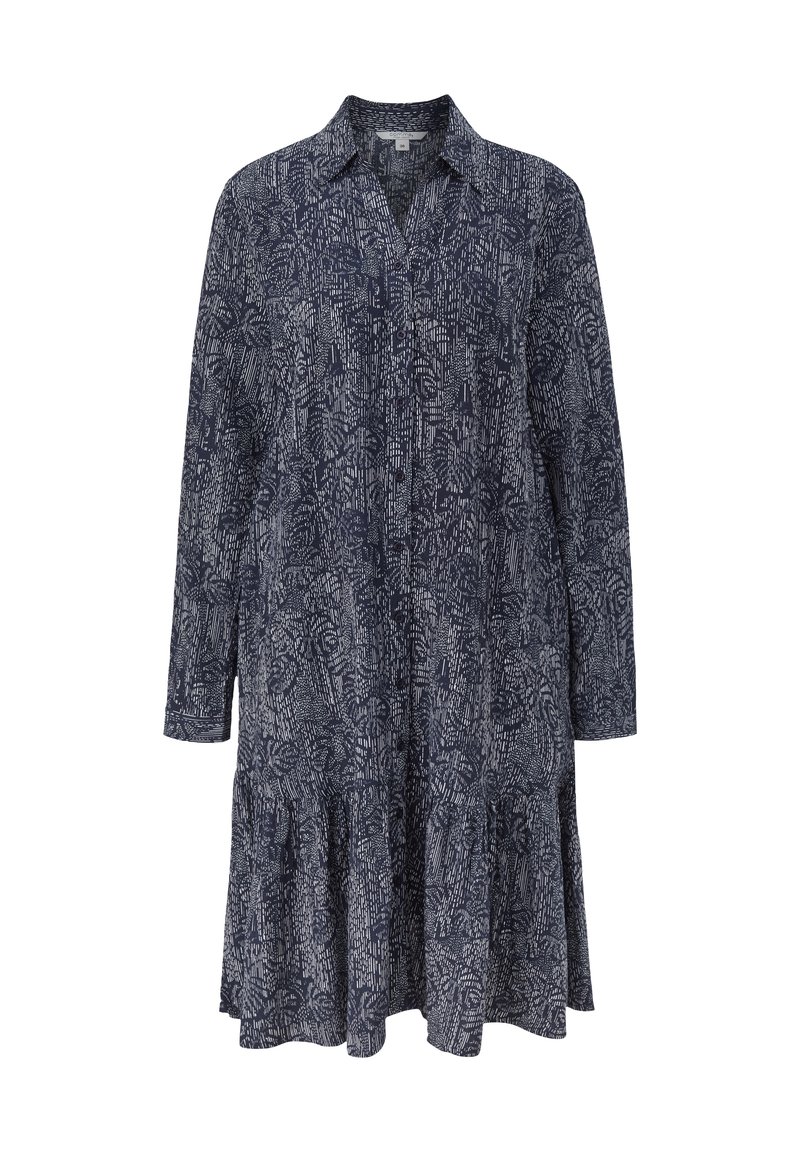 Marineblaues Kleid mit langen Ärmeln, Kragen und gerafftem Saum; es weist ein strukturiertes, abstrahiertes Muster in helleren Farbtönen auf. Hergestellt aus leichtem Stoff.