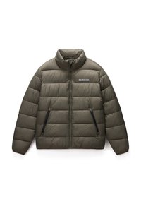 Puffer jacket in olive green, featuring a high collar, zippered side pockets, and a stitched design with a subtle logo on the chest.