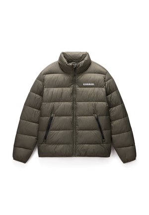 Puffer jacket in olive green, featuring a high collar, zippered side pockets, and a stitched design with a subtle logo on the chest.