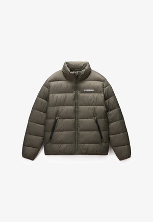 Puffer jacket in olive green, featuring a high collar, zippered side pockets, and a stitched design with a subtle logo on the chest.