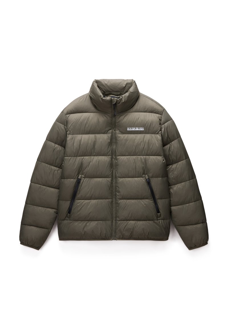 Puffer jacket in olive green, featuring a high collar, zippered side pockets, and a stitched design with a subtle logo on the chest.