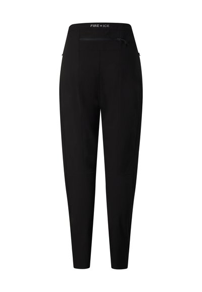 Schwarze, zulaufende Hose mit hoher Taille, Frontreißverschlusstasche und "FIRE + ICE"-Logo am Bund.