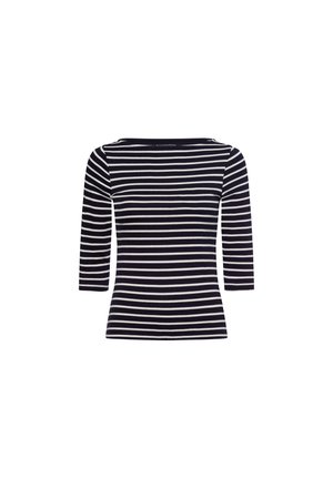 Navy and white striped long-sleeve top with a slim fit and boat neckline. Made of a soft, stretchable fabric for comfort.