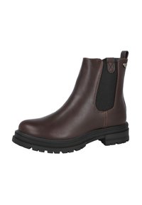 Bota Chelsea de cuero marrón con paneles laterales elásticos, punta redondeada y suela de goma texturizada. Presenta un tirador y costuras en contraste.