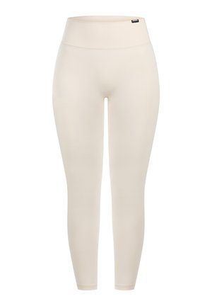 Beige leggings met een hoge taille, gemaakt van een gladde, rekbare stof. Beschikt over een naadloos ontwerp zonder zichtbare stiksels of patronen.