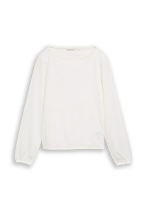 Langärmlige weiße Bluse mit rundem Ausschnitt und dezentem vertikalem Muster, präsentiert auf weißem Hintergrund.