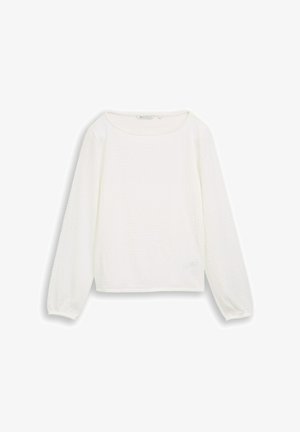 Langärmlige weiße Bluse mit rundem Ausschnitt und dezentem vertikalem Muster, präsentiert auf weißem Hintergrund.