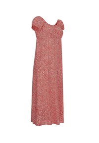 Robe maxi rouge avec de courtes manches bouffantes et un petit motif floral blanc, présentant un buste légèrement froncée et une jupe fluide.