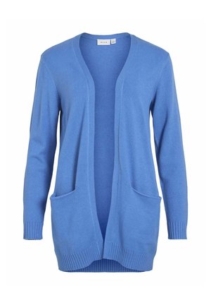 Sininen neulottu cardigan, jossa on avoin etuosa, kaksi etutaskua ja ribbauskäänteet sekä -helma. Tasainen pinta, rento muotoilu, kevyt kangas.