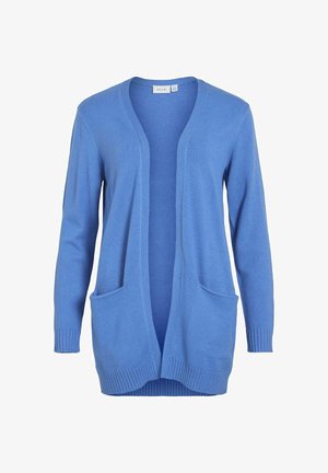 Niebieska dziergana kardigan z otwartym przodem, dwoma kieszeniami z przodu oraz ściągaczami przy mankietach i dole. Gładka tekstura, casualowy design, lekki materiał.
