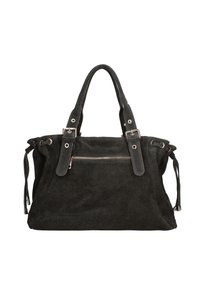 Zwarte suède handtas met dubbele bovenhandvaten, een gevo pockets aan de voorkant en zijkanten met koorden. Voorzien van zilverkleurige hardware en een zachte textuur.
