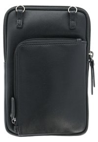 Zwarte leren schoudertas met een gladde textuur, voorzien van een voorvak met rits en twee handvatten bovenaan om te dragen.