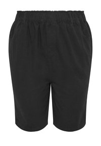 Svarta shorts med elastisk midjeband, utrustade med sidofickor och en mjuk textur. Designen är enkel och möjliggör enkel rörelse.