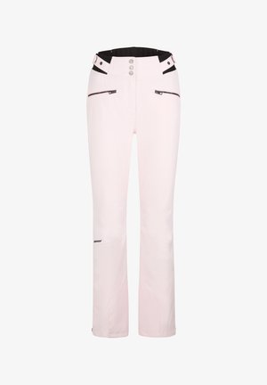 Pantaloni da sci rosa con design a gamba dritta, accenti neri sulla vita e sulle tasche, e tasche frontali con zip per la conservazione.