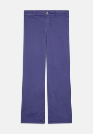 Purple cotton pants with a straight-leg design, featuring a front button closure and pockets. Smooth texture with no visible patterns.
